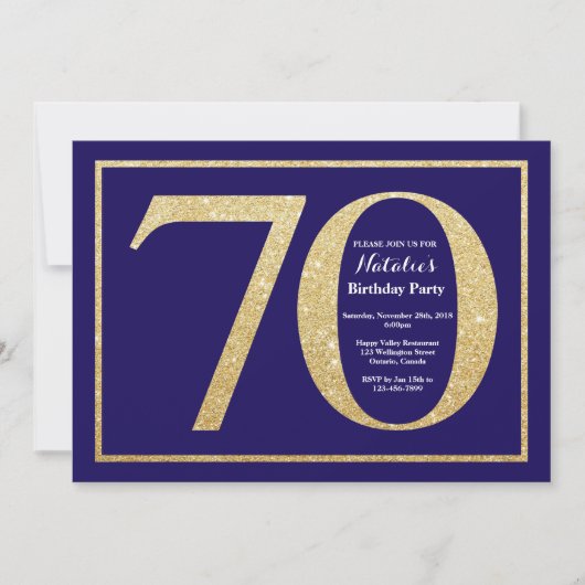 70e verjaardag Navy Blue en Gold Glitter Kaart (Voorkant)