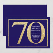 70e verjaardag Navy Blue en Gold Glitter Kaart (Voorkant / Achterkant)