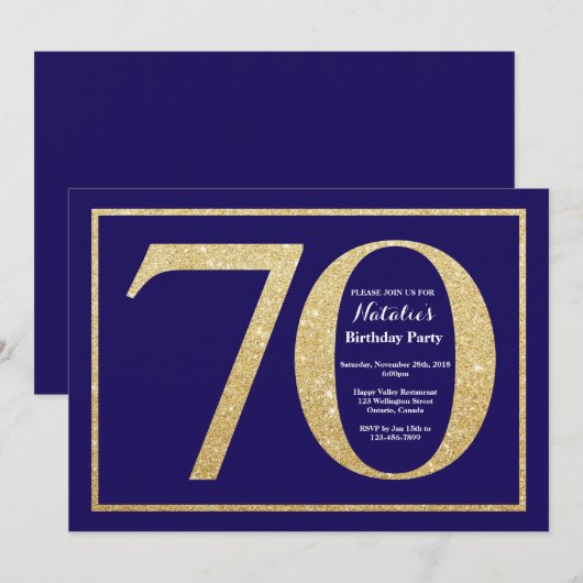 70e verjaardag Navy Blue en Gold Glitter Kaart (Voorkant / Achterkant)