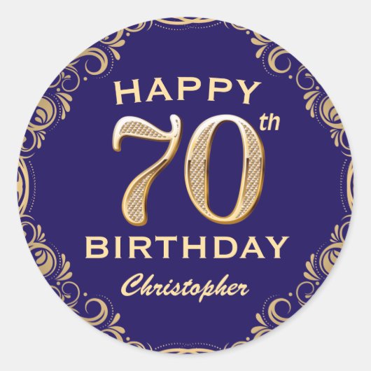 70e verjaardag Navy Blue en Gold Glitter Ronde Sticker (Voorkant)