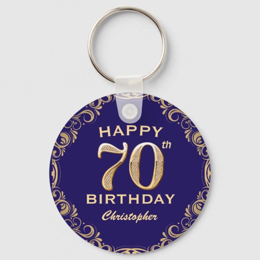 70e verjaardag Navy Blue en Gold Glitter Sleutelhanger (Voorkant)