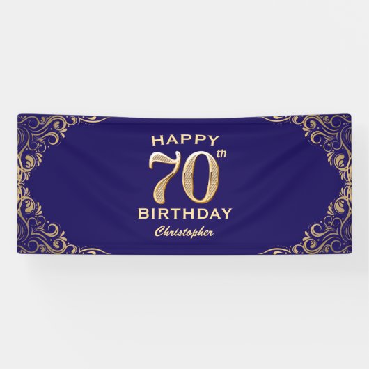 70e verjaardag Navy Blue en Gold Glitter Spandoek (Horizontaal)