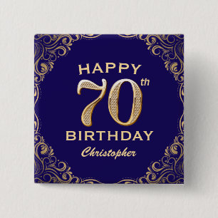 70e verjaardag Navy Blue en Gold Glitter Vierkante Button 5,1 Cm