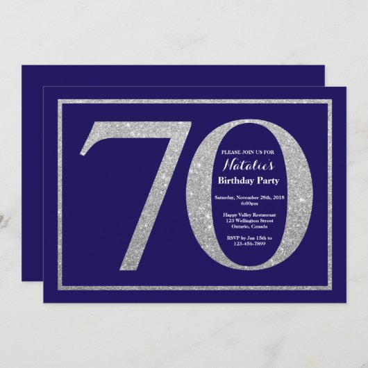 70e verjaardag Navy Blue en Silver Glitter Kaart (Voorkant / Achterkant)