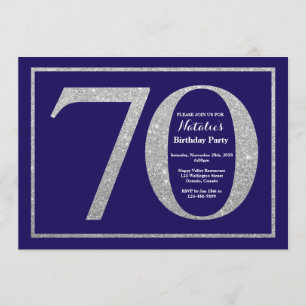 70e verjaardag Navy Blue en Silver Glitter Kaart