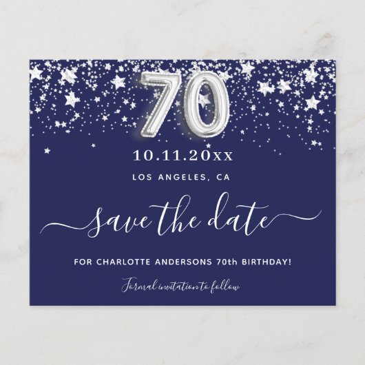 70e verjaardag Navy Blue Silver Save Date Card (Voorkant)