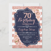 70e verjaardag - Navy Roos Goud en witte strepen Kaart (Voorkant)