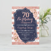 70e verjaardag - Navy Roos Goud en witte strepen Kaart (Staand voorkant)