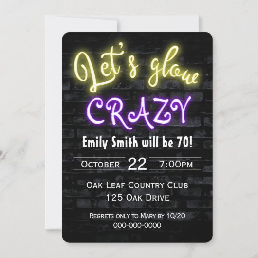 70e verjaardag Neon Glow Sign on Brick Kaart (Voorkant)