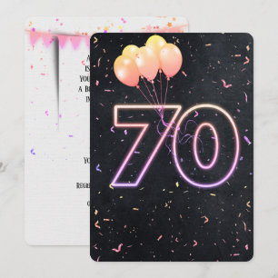 70e verjaardag Neon Sign On Black Invitation Kaart