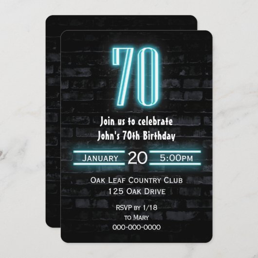 70e verjaardag Neon Sign on Brick Invitation Kaart (Voorkant / Achterkant)