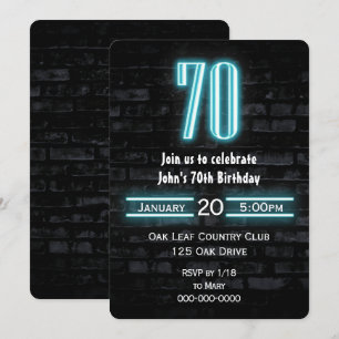 70e verjaardag Neon Sign on Brick Invitation Kaart