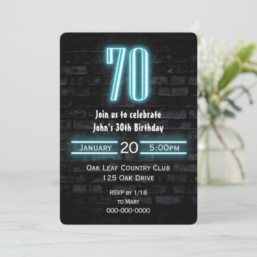 70e verjaardag Neon Sign op Brick Kaart (Staand voorkant)