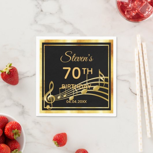 70e verjaardag op klassieke zwarte gouden muziek servet (Insitu)