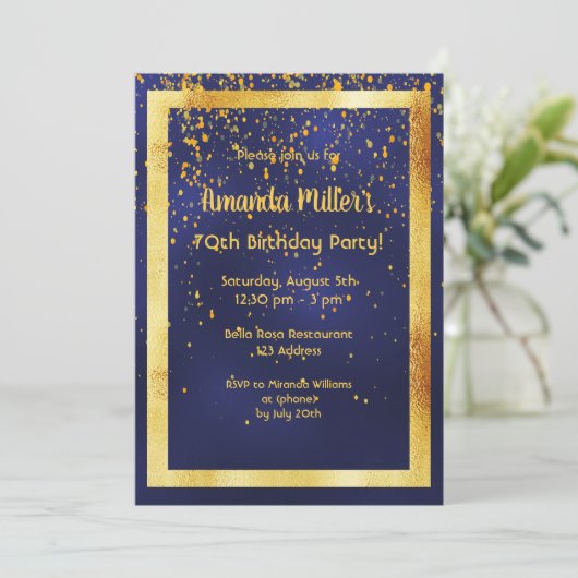 70e verjaardag op middernacht blauw goudlijst kaart (Staand voorkant)