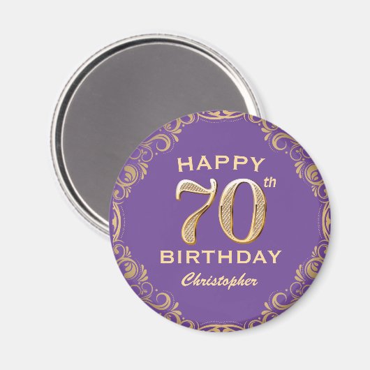 70e verjaardag Paars en goudglitter Lijst Magneet (Voorkant / Achterkant)