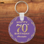 70e verjaardag Paars en goudglitter Lijst Sleutelhanger (Voorkant)