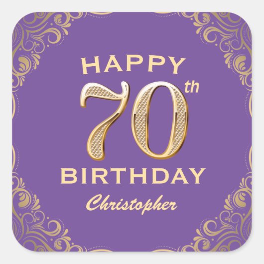 70e verjaardag Paars en goudglitter Lijst Vierkante Sticker (Voorkant)