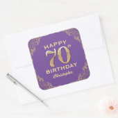 70e verjaardag Paars en goudglitter Lijst Vierkante Sticker (Envelop)