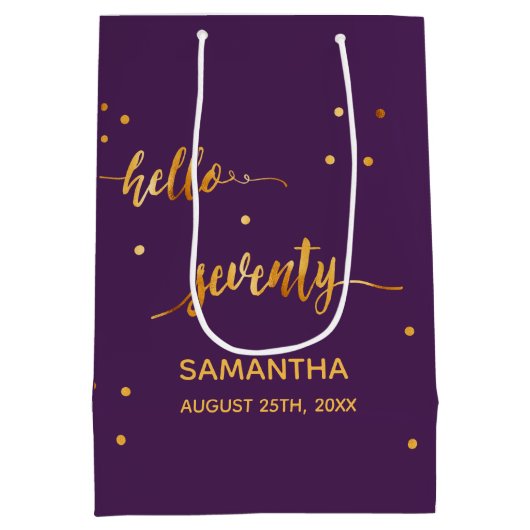 70e verjaardag paars goud hallo 70 naamscript medium cadeauzakje (Achterkant)