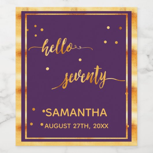 70e verjaardag paars goud hallo 70 naamscript wijn etiket (Enkel label)