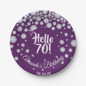 70e verjaardag paarse hallo 70 diamanten naam papieren bordje (Voorkant)