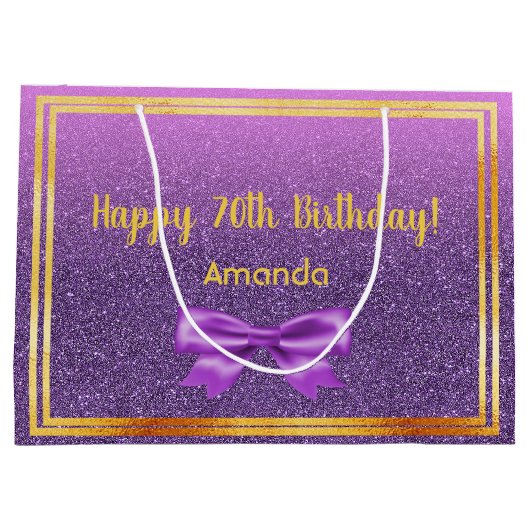 70e verjaardag paarse roze glitter monogram naam groot cadeauzakje (Achterkant)