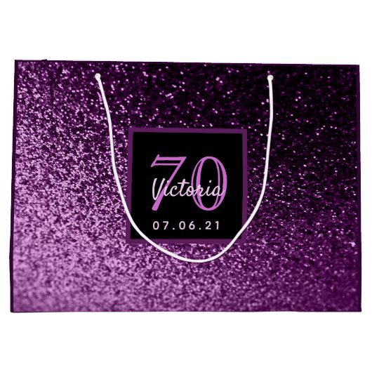 70e verjaardag paarse roze glitter naam groot cadeauzakje (Achterkant)
