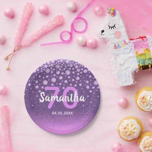 70e verjaardag paarse roze glitter naam papieren bordje (Feest)