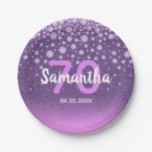 70e verjaardag paarse roze glitter naam papieren bordje (Voorkant)