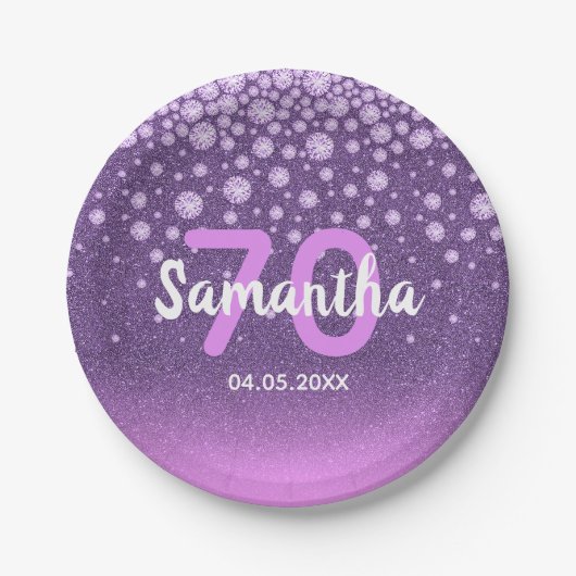 70e verjaardag paarse roze glitter naam papieren bordje (Voorkant)