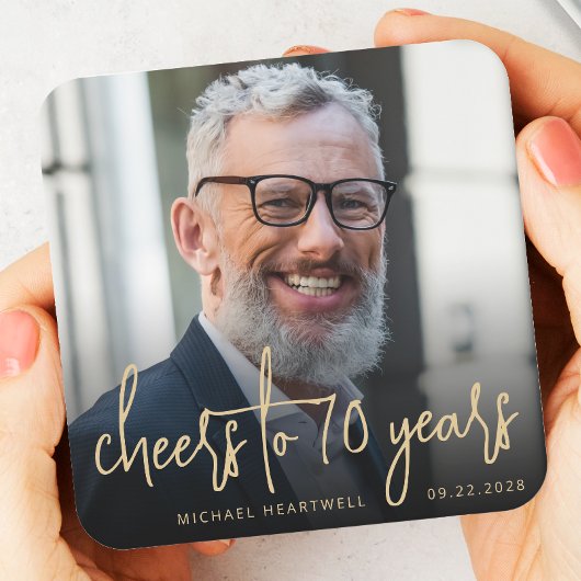 70e verjaardag Party Foto Cheers Gold Script Kartonnen Onderzetters
