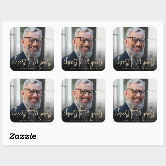70e verjaardag Party Foto Cheers Gold Script Vierkante Sticker (Vel)