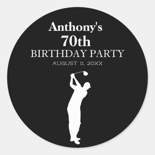 70e verjaardag Party Golfer Black Par Zeventigste Ronde Sticker (Voorkant)