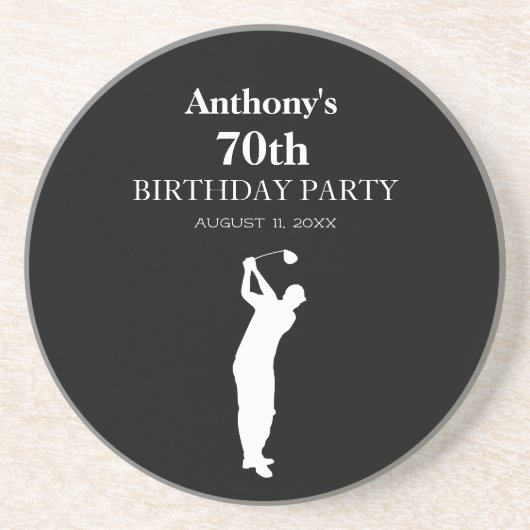 70e verjaardag Party Golfer Black Par Zeventigste Zandsteen Onderzetter (Voorkant)