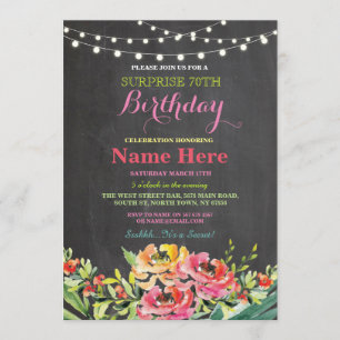 70e Verjaardag Party Krijtbord Bloemen Roze Uitnod Kaart