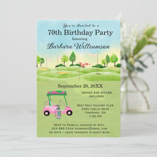 70e verjaardag Party Lady Golfer thema uitnodiging (Staand voorkant)