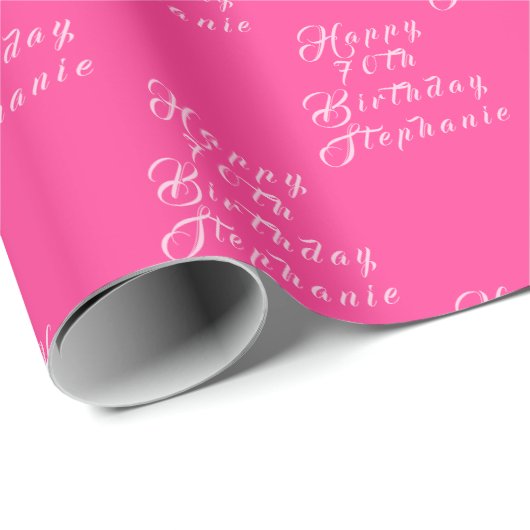 70e verjaardag Party Naam Hot Pink Modern Patroon Cadeaupapier (Rol Hoek)
