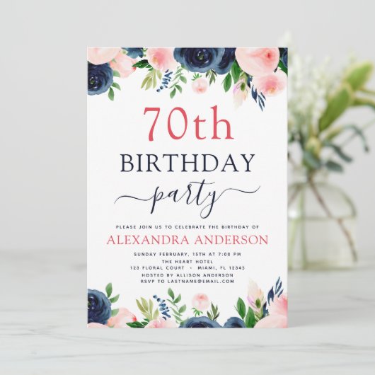 70e Verjaardag Party Navy Blauw Blush Roze Bloemen Kaart (Staand voorkant)