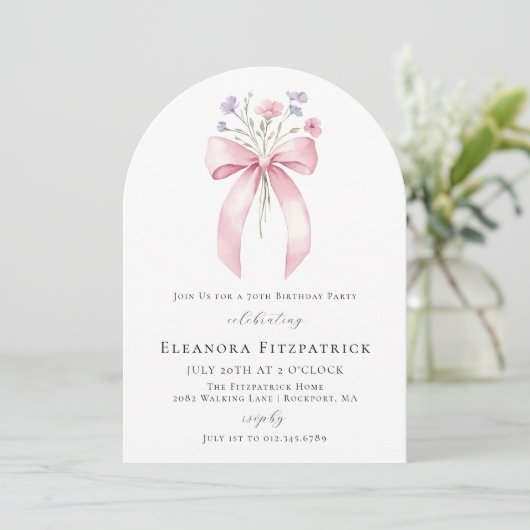 70e Verjaardag Party Pink Bow Wildflower Arch Kaart (Staand voorkant)