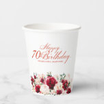 70e Verjaardag Party Red Rose Pink Peony Custom Papieren Bekers<br><div class="desc">rozen en roze pioenrozen versieren deze koelbox van het 70-jarig verjaardagsfeest. Elegante kalligrafie luidt Happy 70th Birthday uit. De naam van de feestvierder staat hieronder. Dit item maakt deel uit van het Red Rose and Pink Peony collectie. Het bevat professioneel ontworpen uitnodiging sjablonen,  welkomstbord sjablonen en gepersonaliseerde partij benodigdheden.</div>