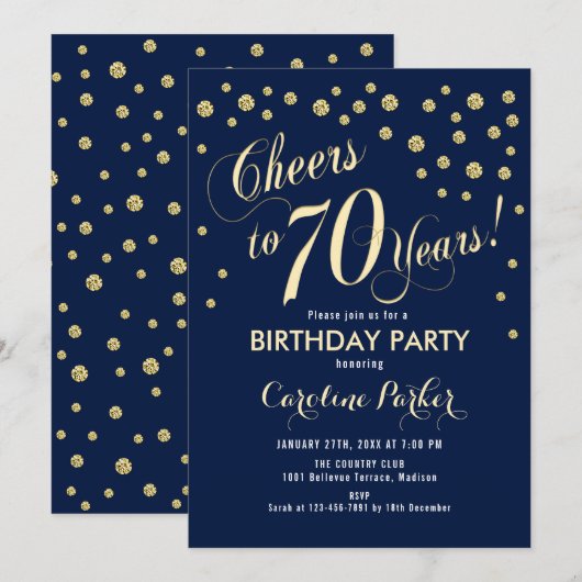 70e verjaardag Party uitnodiging - Gold Navy (Voorkant / Achterkant)