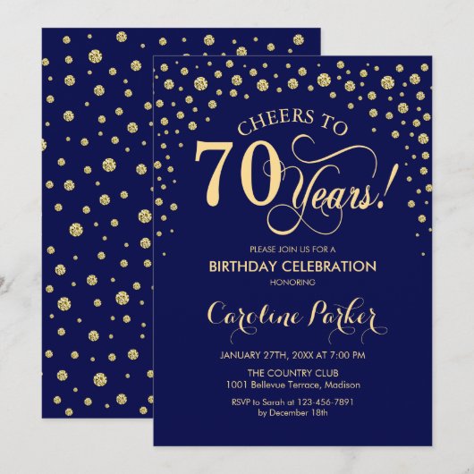 70e verjaardag Party uitnodiging - Gold Navy Blue (Voorkant / Achterkant)