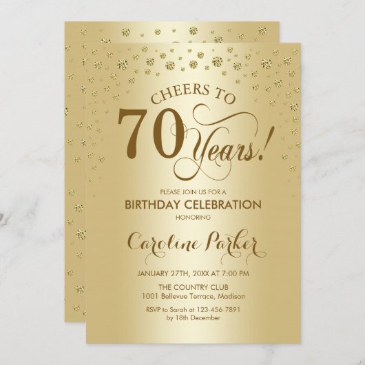 70e verjaardag Party uitnodiging - Goud (Voorkant / Achterkant)