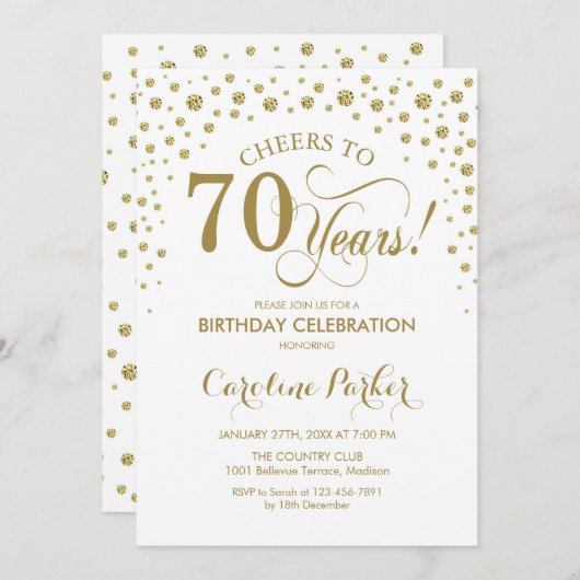 70e verjaardag Party uitnodiging - Goud Wit (Voorkant / Achterkant)