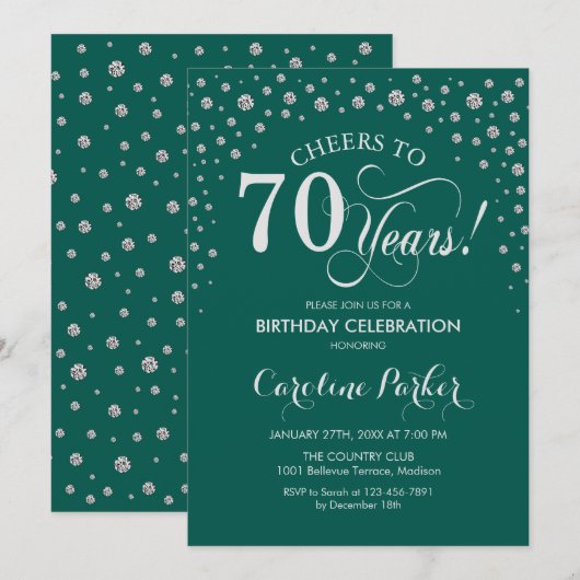 70e verjaardag Party uitnodiging - Zilver Groen (Voorkant / Achterkant)