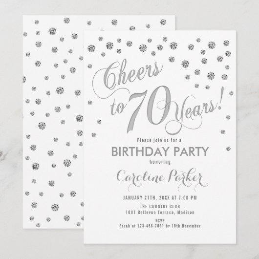 70e verjaardag Party uitnodiging - Zilver Wit (Voorkant / Achterkant)