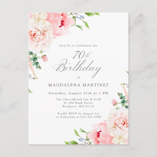 70e Verjaardag Party Vrouwelijke Roze Bloemen Invi Uitnodiging Briefkaart (Voorkant)