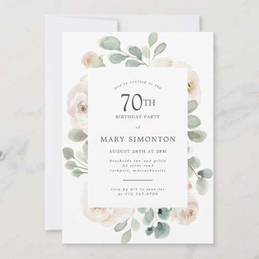 70e Verjaardag Party White Rose Bloemen Kaart (Voorkant)