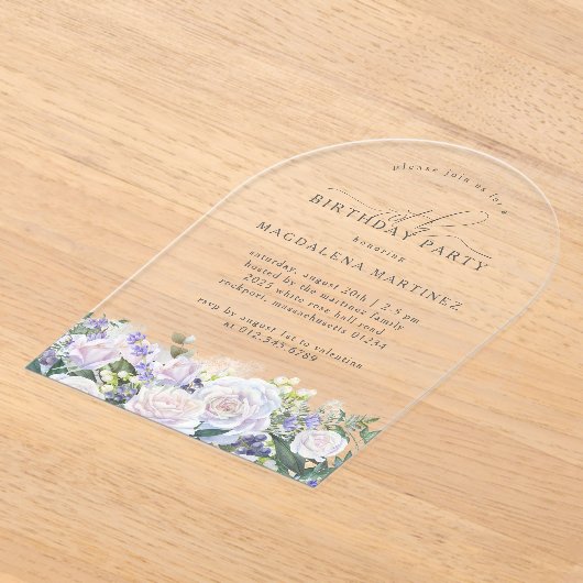 70e Verjaardag Party Witte Roos Blauwe Bloemenboog Acryl Uitnodigingen (Laagn)